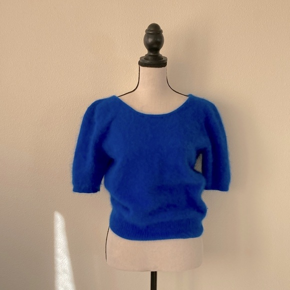 VINTAGE | Nordstrom “Brass Plum” Cobalt Blue Angora Short Sleeve sweater Large - Picture 1 of 8